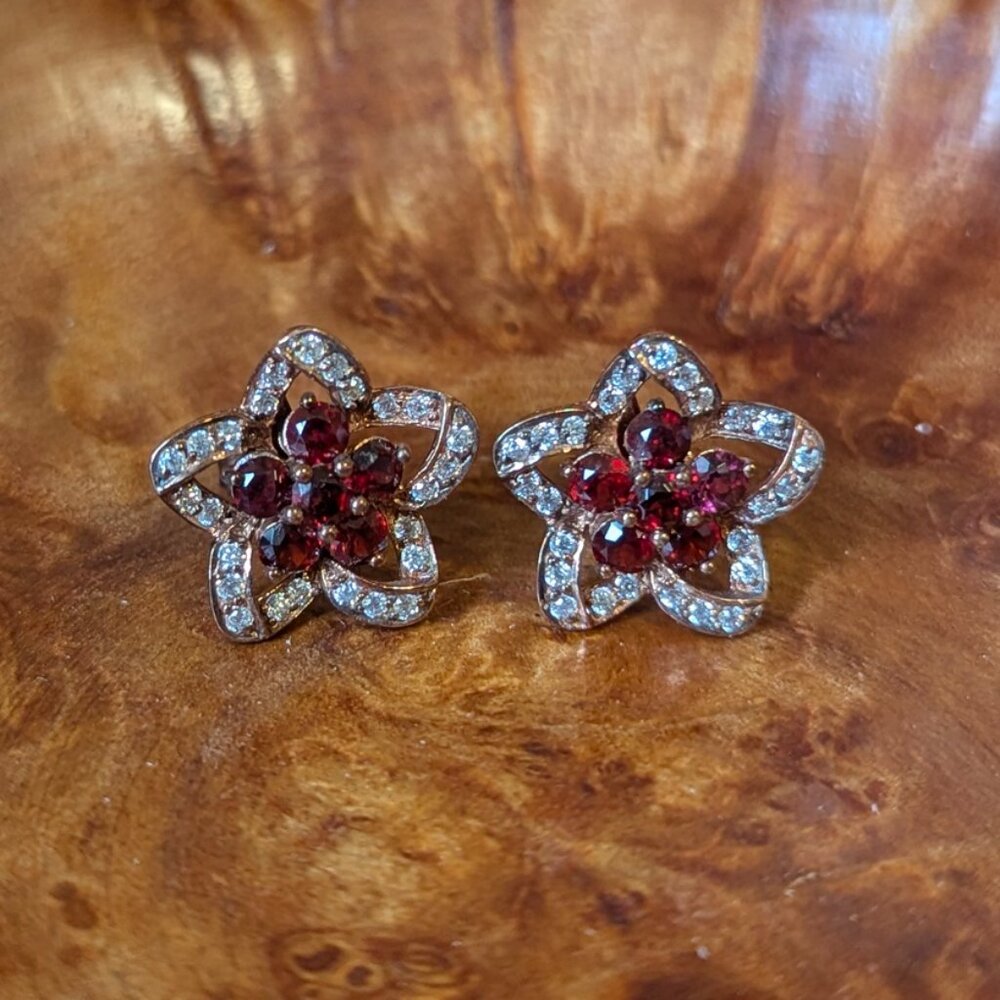 PROM IDEA - Earrings Garnet with white stones Rose Gold plate Sterling Silver